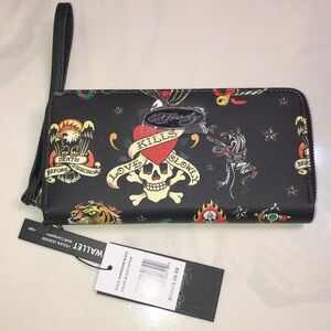 Ed Hardy Black Faux Leather Love Kills Slowly & Tattoos ZA Wallet Wristlet NWT